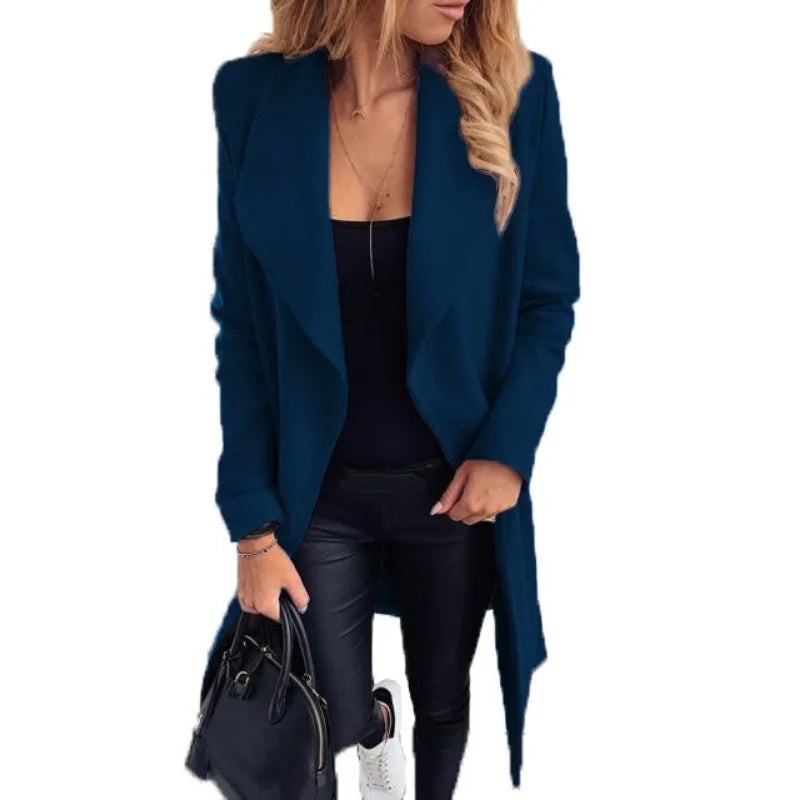 Women's Clothing European American Autumn Winter New Fashion Strap Lapel Solid Color Woolen Coats Jacket Blends