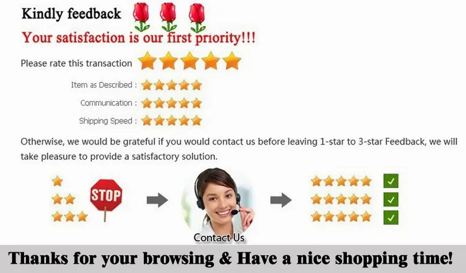 This customer service feedback page features red roses and gold stars with black text on a white background for the Megir men luxury sports quartz watch.