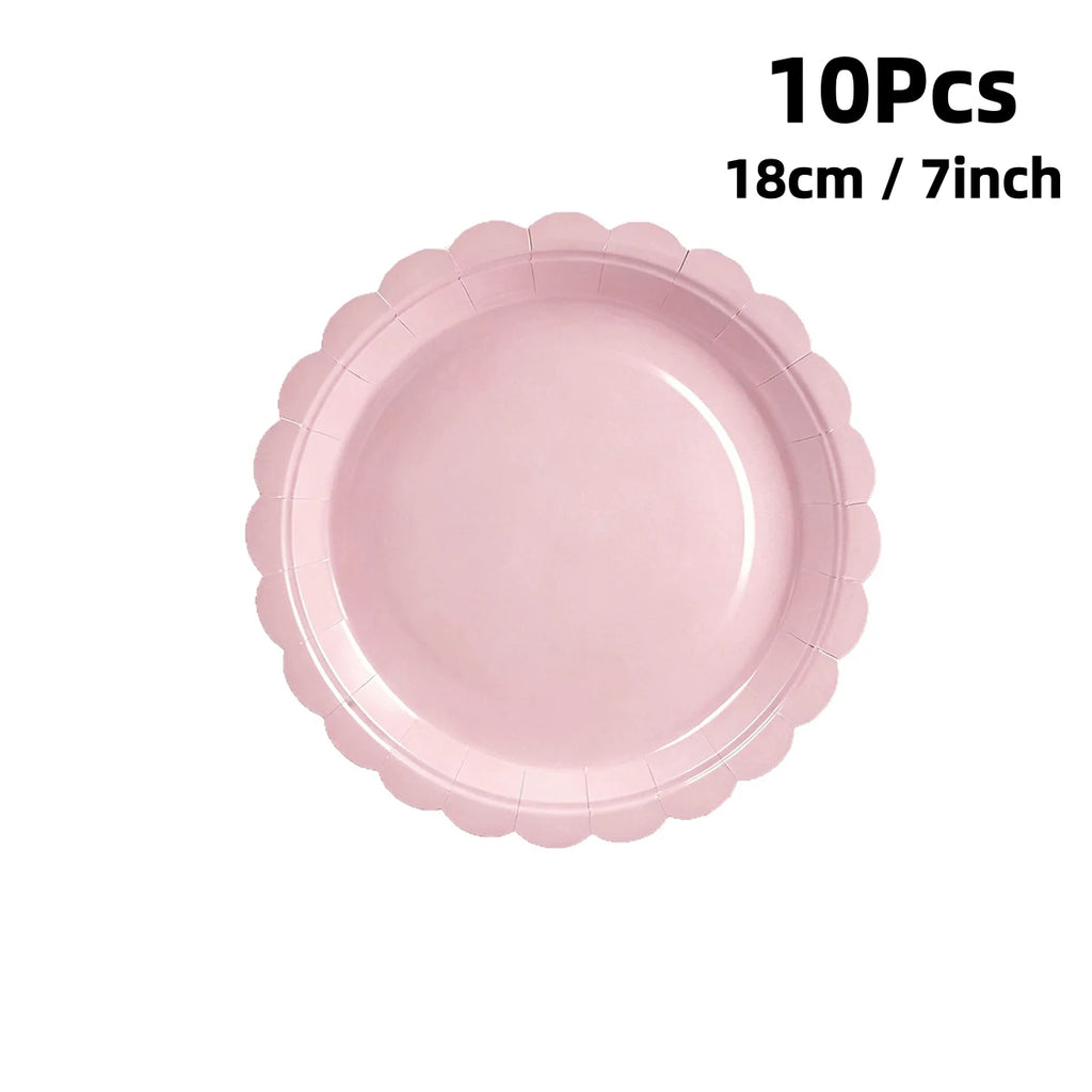 Pink Party Tableware Set Scalloped Edge Paper Plates Cups Napkins Disposable Dinnerware for Birthday Baby Shower Wedding Decor