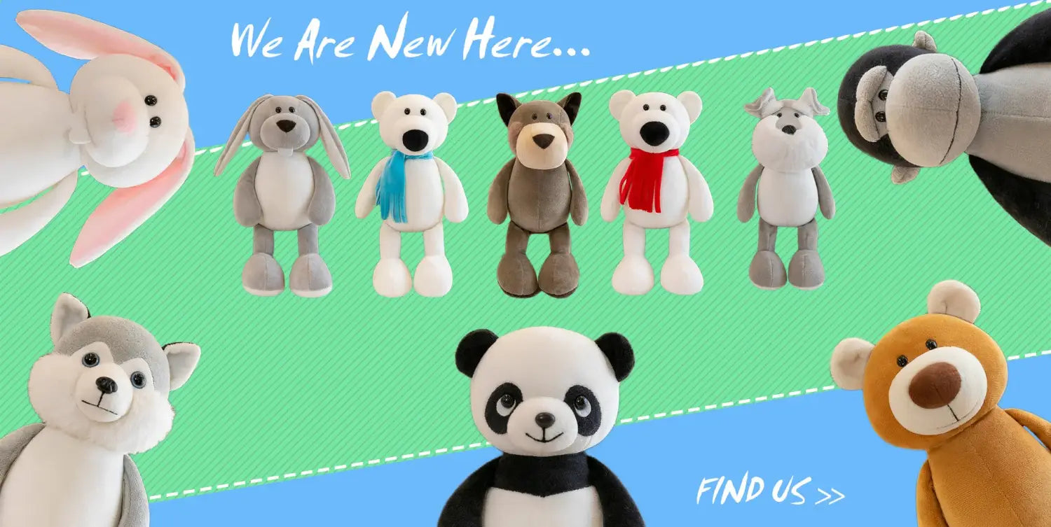 a plush panda toy with black and white fur and a friendly expression featured alongside lion elephant tiger plush stuffed animal toys for a diverse animal collection