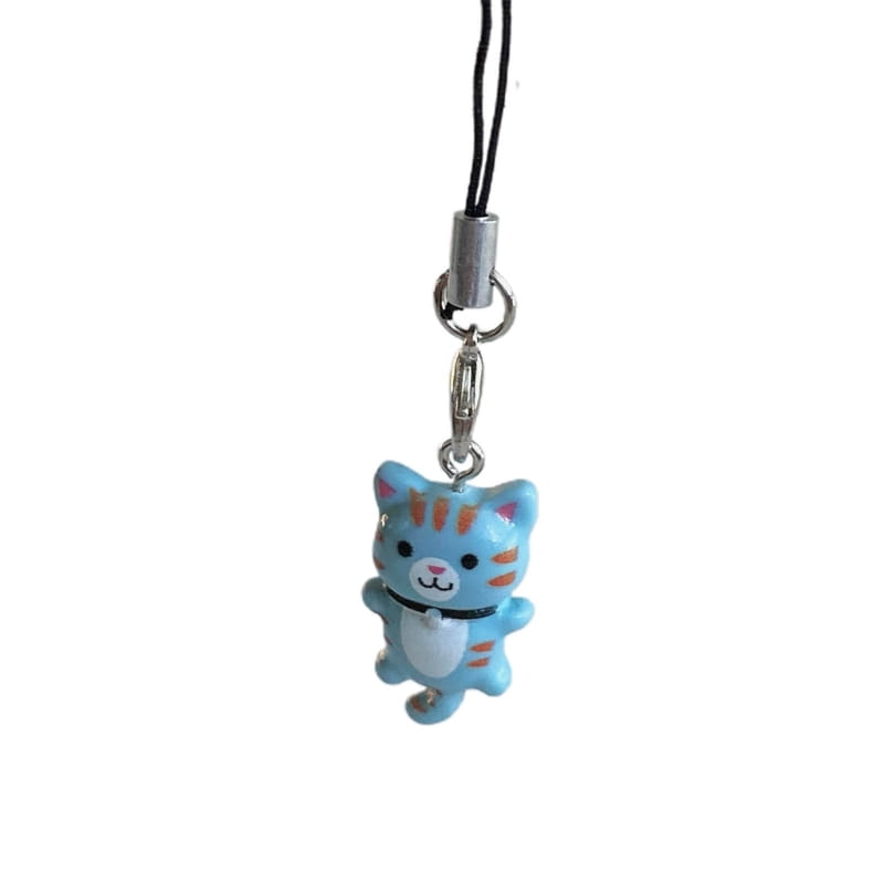Cute cat phone charm strap featuring a light blue cat-shaped charm with orange stripes and a white belly attached to a black cord with a silver metal clasp.