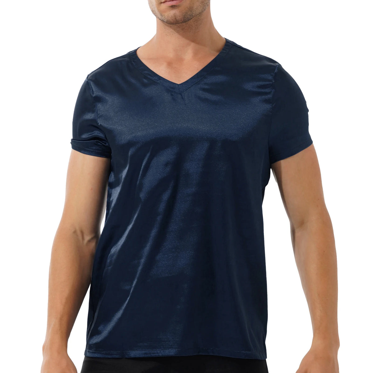 Men Male V Neck Short Sleeve Satin Casual T-Shirt Loose Pajamas Tops Tees Solid Color T Shirt Loungewear Sleepwear Nightwear