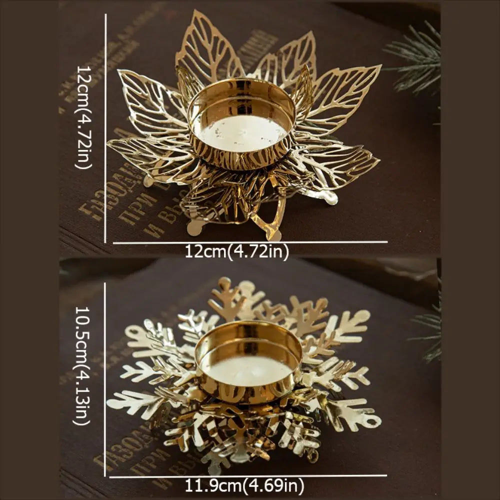 bougeoirs en forme d’étoile de neige en métal doré, ornés de motifs délicats de feuilles et de flocons de neige, fabriqués en fer pour une décoration de table élégante