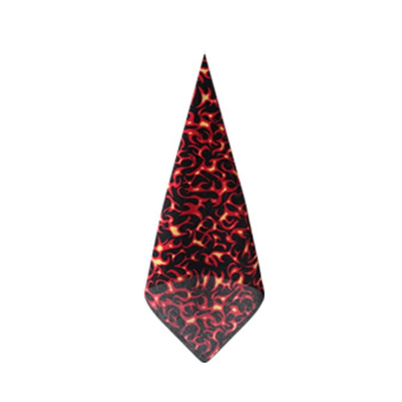 A black and red flame-patterned triangular pocket square designed as a flame pattern bandana head scarf.