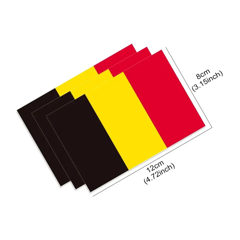 Set of three rectangular belgian flag car stickers featuring bold black yellow and red vertical stripes made of pvc material and designed to be waterproof decals.