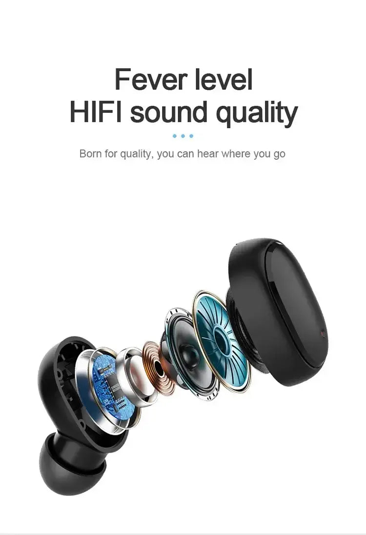Schwarze kabellose Bluetooth-Ohrhörer mit schlankem, kompaktem Design und sichtbaren blau getönten Treibern zur Verwendung als Sport-Headset mit Touch-Steuerung