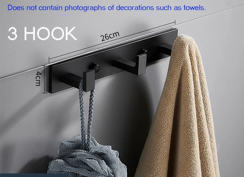 Bathroom Space Robe Hook Wall Mounted Aluminum Clothes Coat Hook Wall Hanger Black Brushed Golden Bathroom Accessories 3-6 Hooks