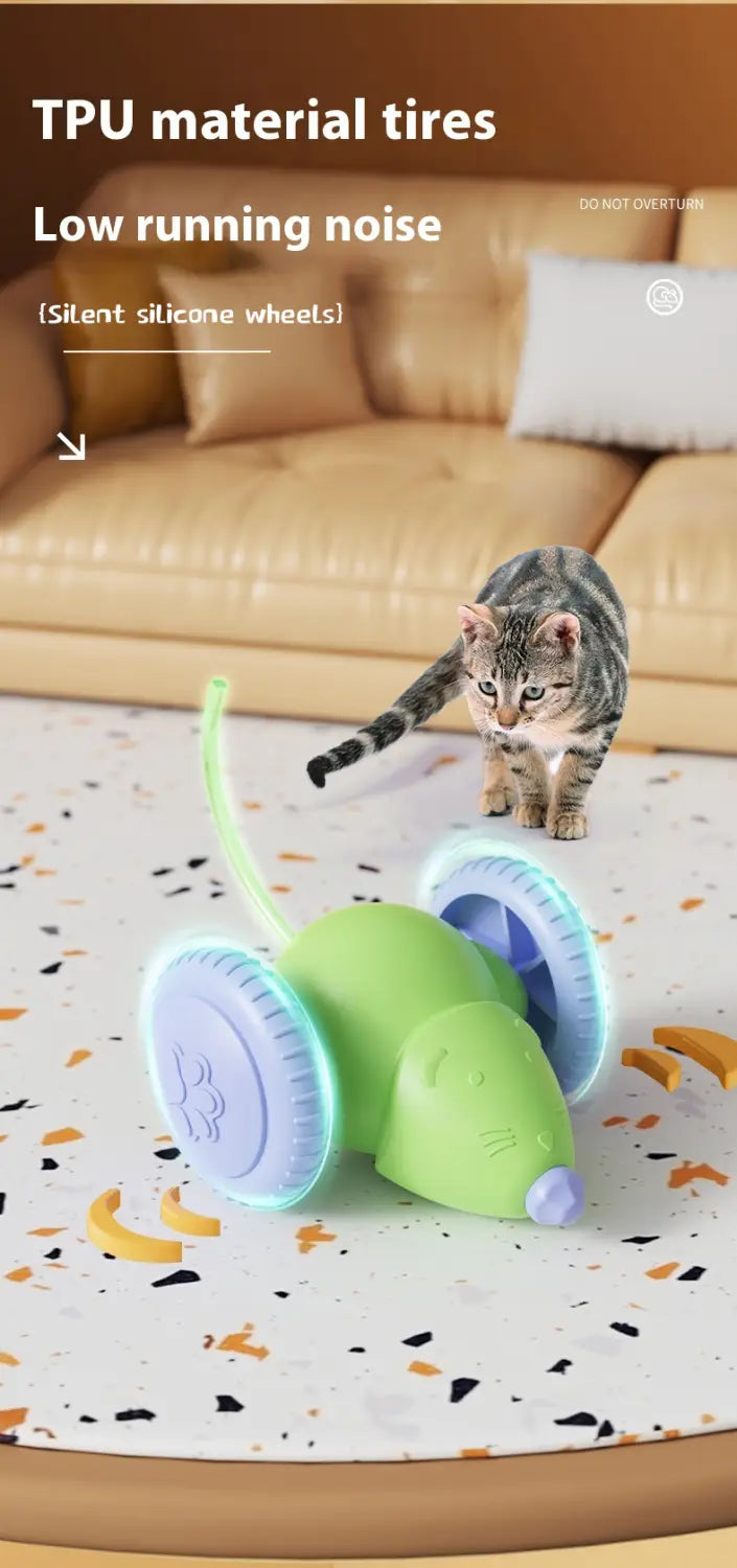 実際の写真にて動物玩具のタイプを紹介する、TPU素材のタイヤを備えた、緑と青の猫用充電式電動マウストイです。