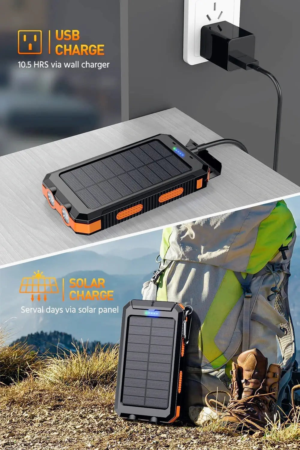 black and orange rugged solar power bank 20000mAh portable charger with built-in flashlight designed for outdoor use