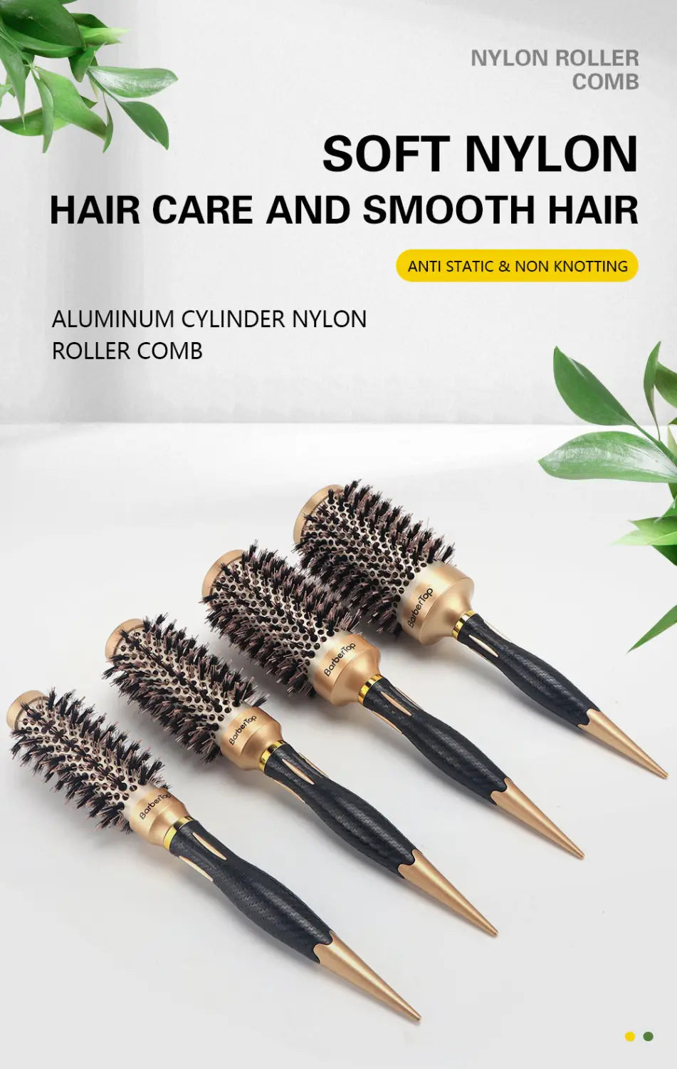 Set of four black and gold nylon roller combs with aluminum cylinders designed for soft and smooth hair styling in an aluminum round hair styling brush set.