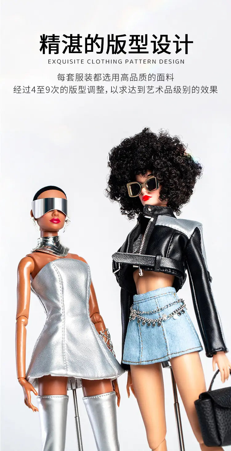 Silver metallic dress with a sleek form-fitting design and subtle sheen for futuristic retro doll outfit for 30cm 1/6 models.
