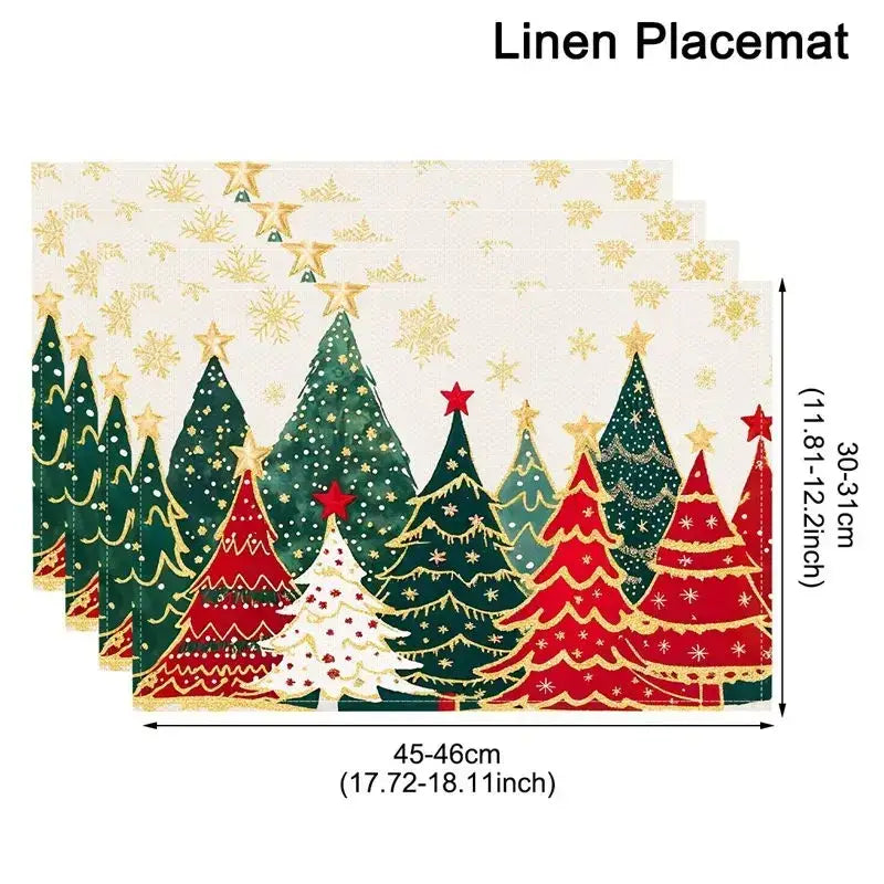 Dessous de table pour sapin de Noël présentant des motifs festifs de sapins de pin verts et rouges, avec des étoiles dorées en guise de sommet, des flocons de neige et une bordure décorative, en ensemble de napperons de table de fête.