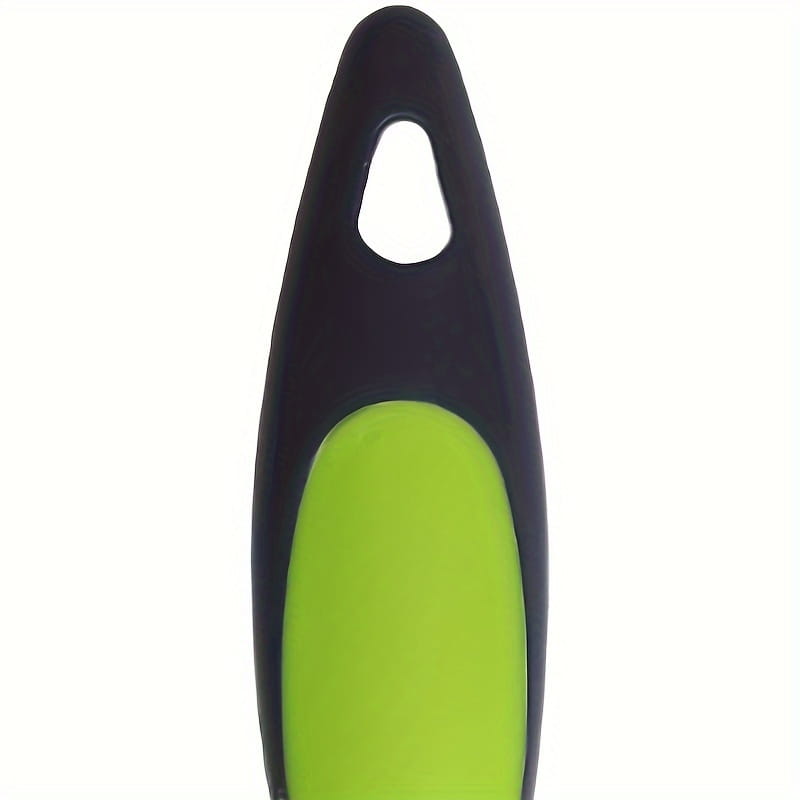 Black and lime green silicone pet hair remover brush with a silicone handle and looped top for hanging.
