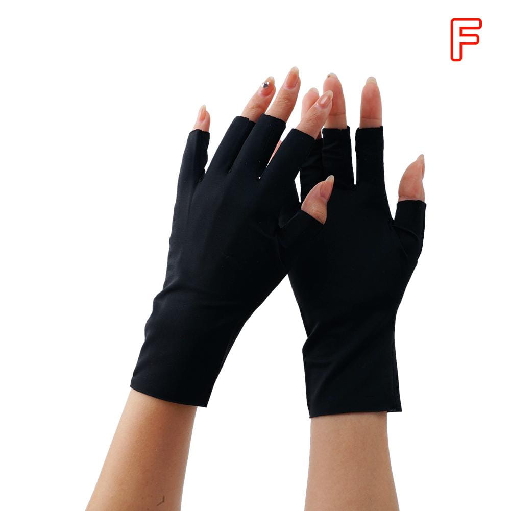 black fingerless uv protection sunscreen driving gloves made of smooth stretchy fabric with a snug fit shown from the back side