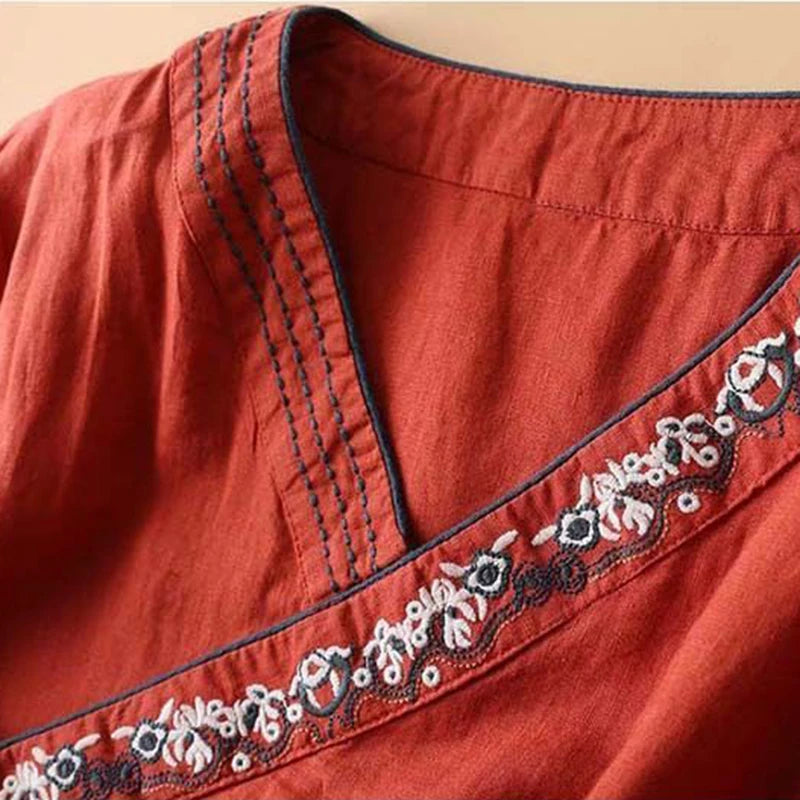 Women Ethnic Style Linen Cotton Blouse Summer Embroidered Wrap Top 3/4 Sleeve Tie Waist Loose Breathable Retro Casual Daily Wear