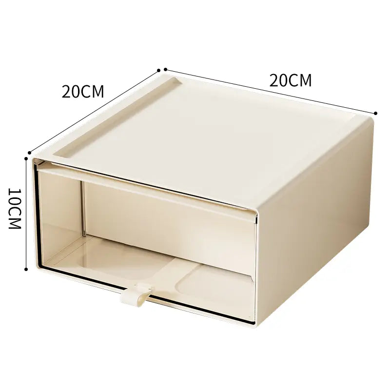 Cream-colored rectangular desktop organizer and collectible display case with a smooth matte finish and black trim along the edges.