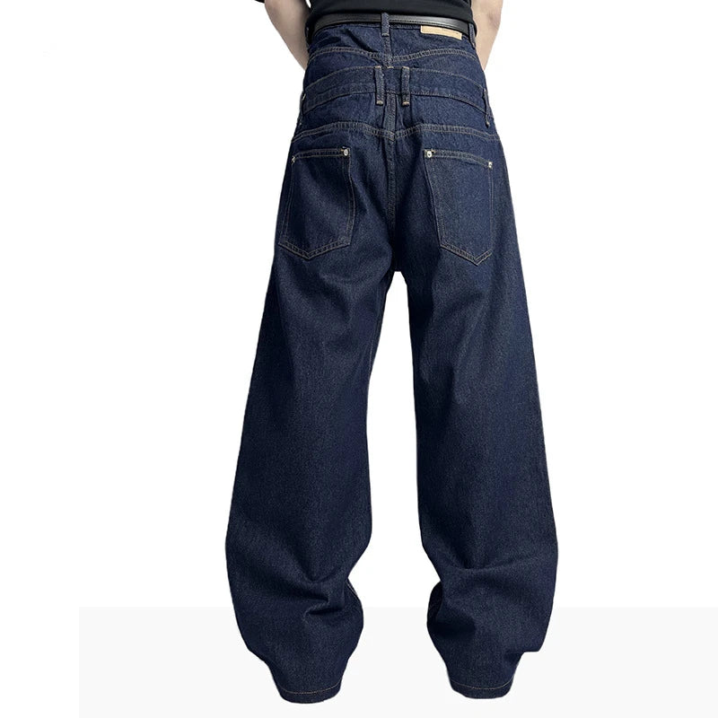 New Men Raw Denim Wide Leg Jeans Double Layer Waist Rivet Carpenter Pants Loose Straight Leg Dark Blue Casual Baggy Bottoms