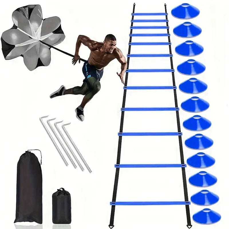 Blue and black agility ladder with ten blue cones arranged vertically beside it in a soccer speed training parachute and agility ladder kit.