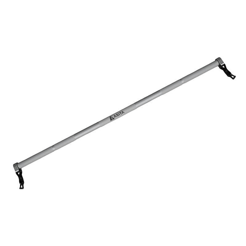 Silver asita brand telescopic fitness bar and hanging rod with a silver telescopic pole and black end clips.