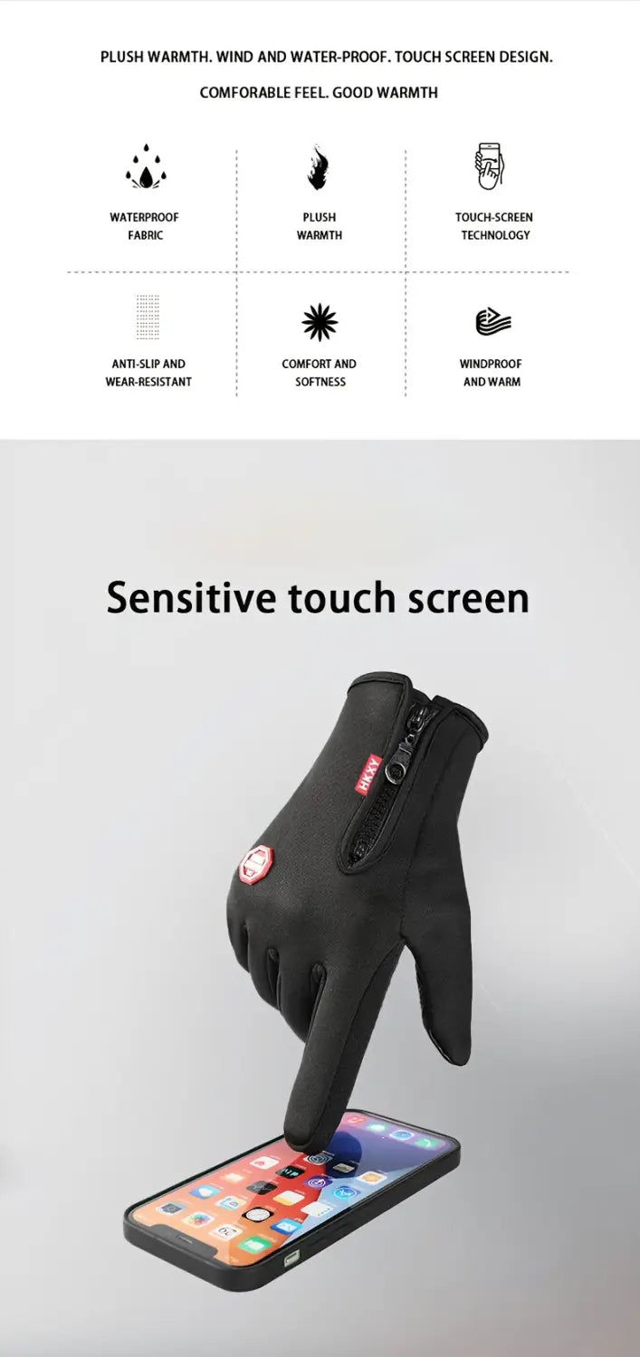 Black touchscreen winter cycling glove with plush warmth waterproof fabric and wrist zipper shown from the back side.