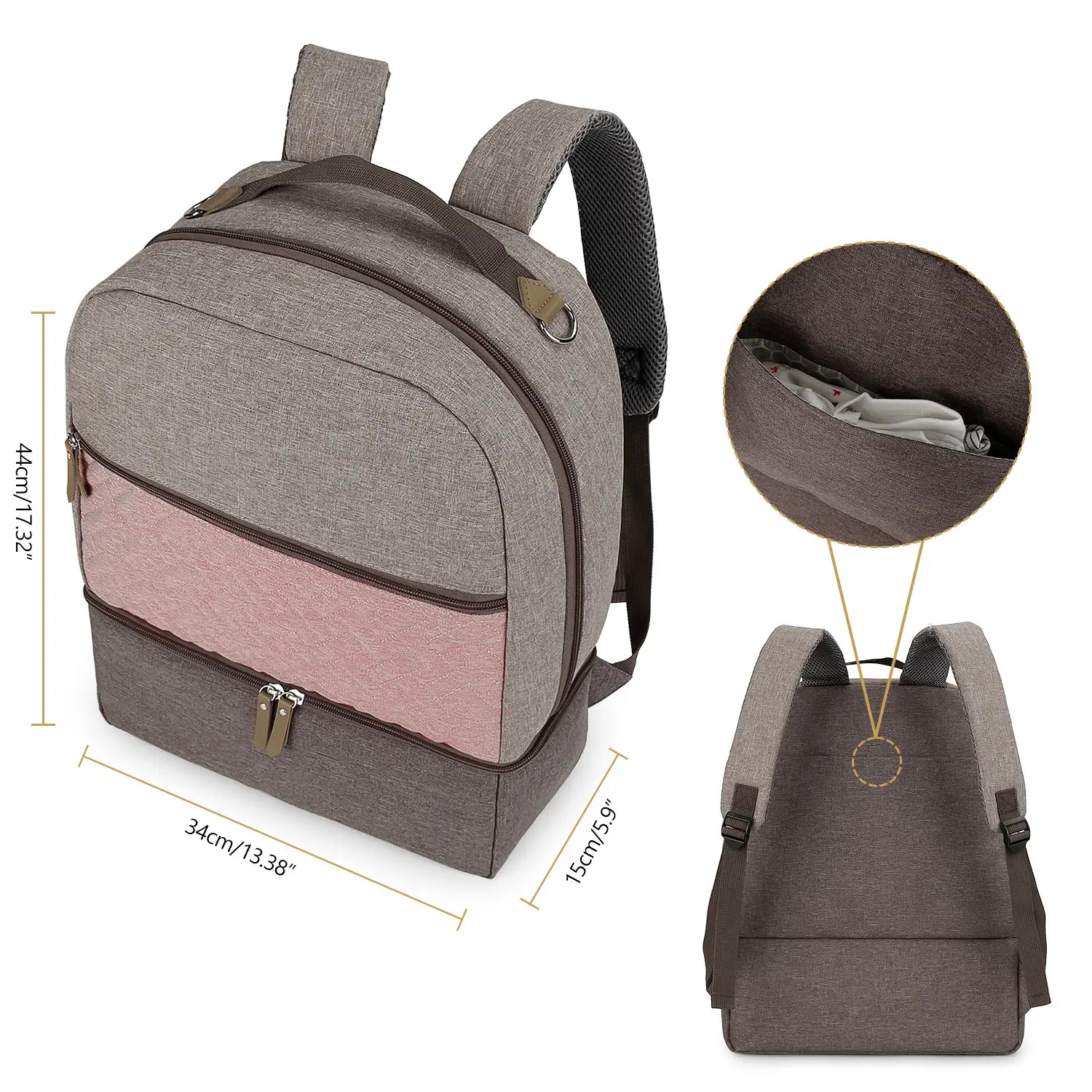 Isolierter grauer und rosa gesteppter Baby-Windelrucksack aus zweifarbigem Canvas mit braunen Reißverschluss-Ziehern.