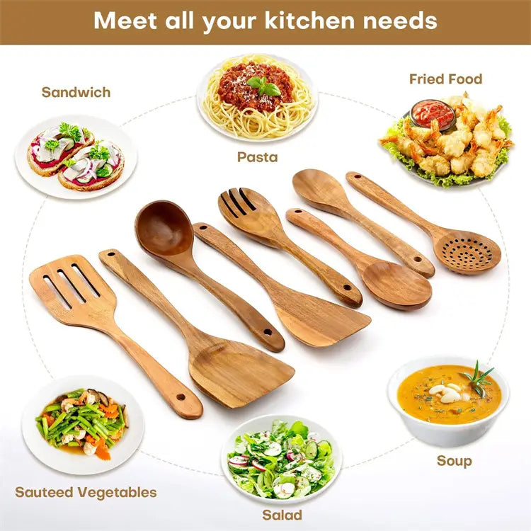 Set of wooden kitchen utensils in natural light brown finish including spoons forks spatulas and a slotted spoon for cooking.