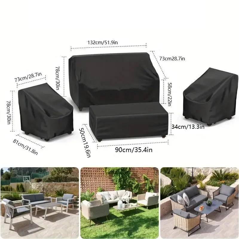 Black waterproof outdoor furniture covers 4-piece set with measurements and lifestyle images showcasing durable furniture covers for outdoor furniture protection.