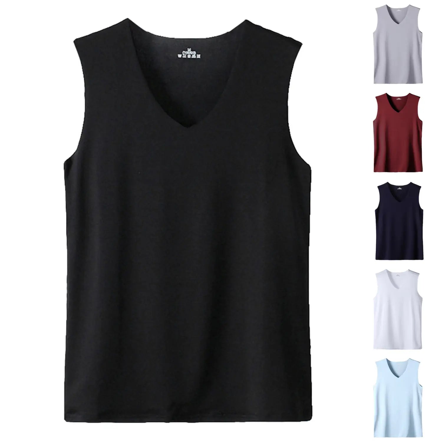 black v-neck sleeveless tank top made of smooth lightweight ice silk fabric for men.