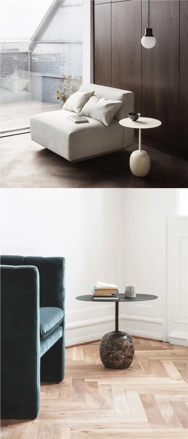 the image shows two minimalist round side tables stacked vertically with the top one being a white circular table with a polished stone or ceramic rounded base and the bottom one featuring a dark metal frame and round tabletop named minimalist marble metal round side table.