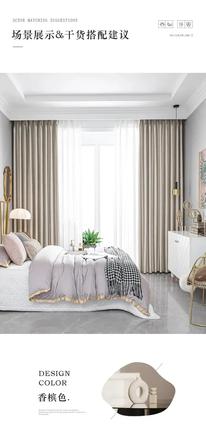 beige textured living room curtains with a subtle vertical stripe pattern framed by sheer white panels and gold-toned hardware for blackout drapes para la sala with tassel tieback beads
