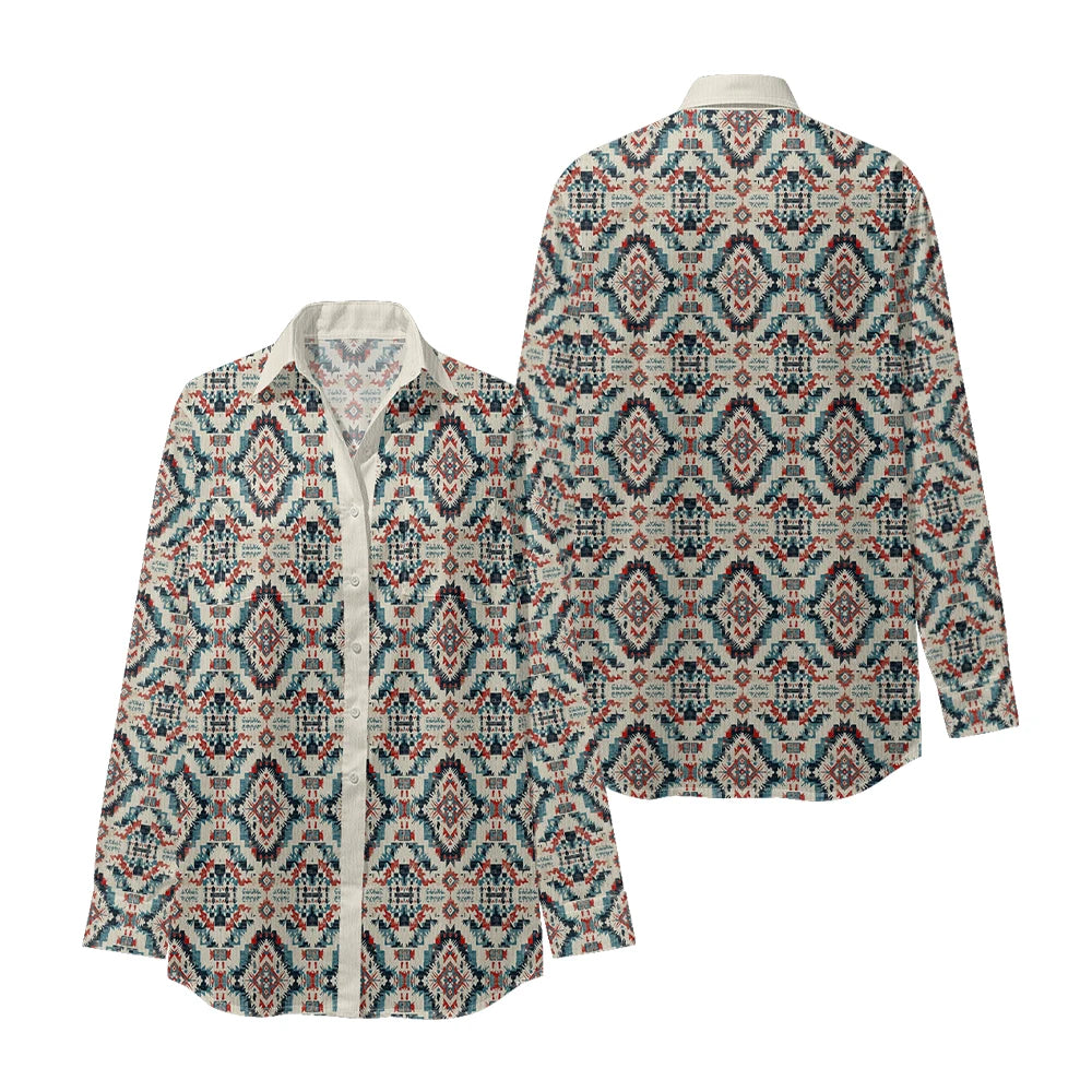 Ethnic-Inspired Long-Sleeve Women Shirt with Aztec Geometric Pattern Printed Front 2 Pockets Button-Up Retro Tribal Casual Style