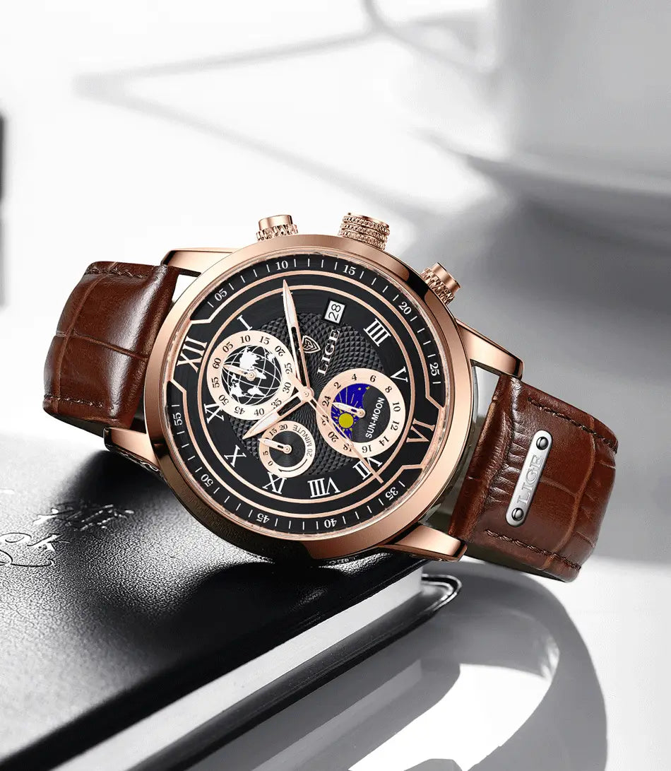 Herren-Lige-Uhr mit Roségold-Chronograph und Lederarmband, mit schwarzem Zifferblatt, römischen Ziffern und Mondphasenanzeige.