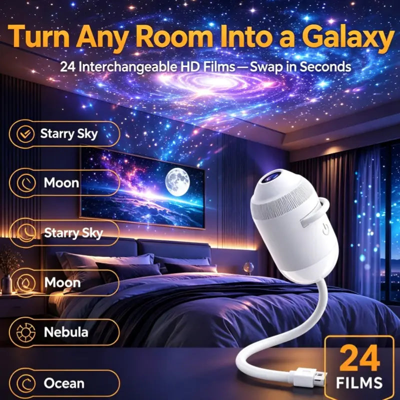 White sleek cylindrical starry sky night light atmosphere lamp projector with flexible gooseneck arm and usb cable.