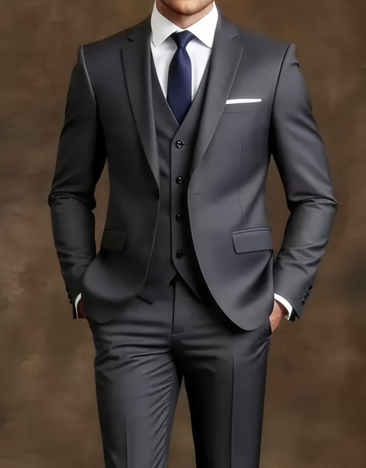 ein eleganter charcoalgrauer Herren schwarzer Slim-Fit-Anzug einreihiger Smoking mit maßgeschneiderter Verschlussart: Jacke mit Revers, passende Weste mit schwarzen Knöpfen und abgestimmte Hose