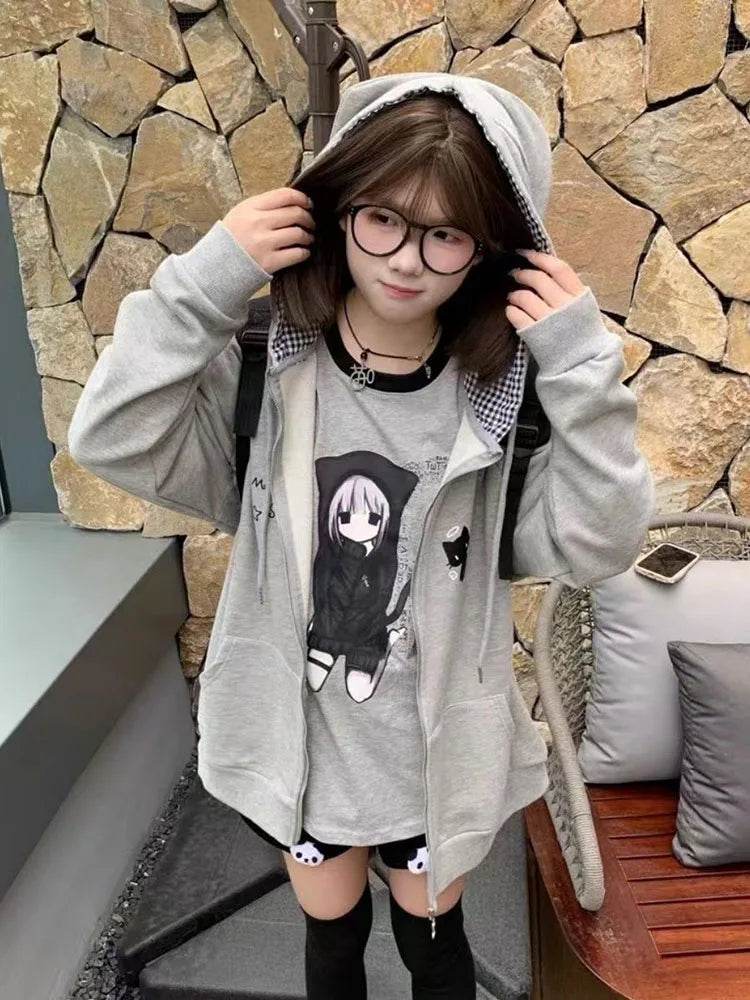 Mujer Japanese Cute Hoodies Coats Cute Cat Print Hooded Sweatshirts Y2K Tops Women Clothing Casual Zipper Loose Hoodie