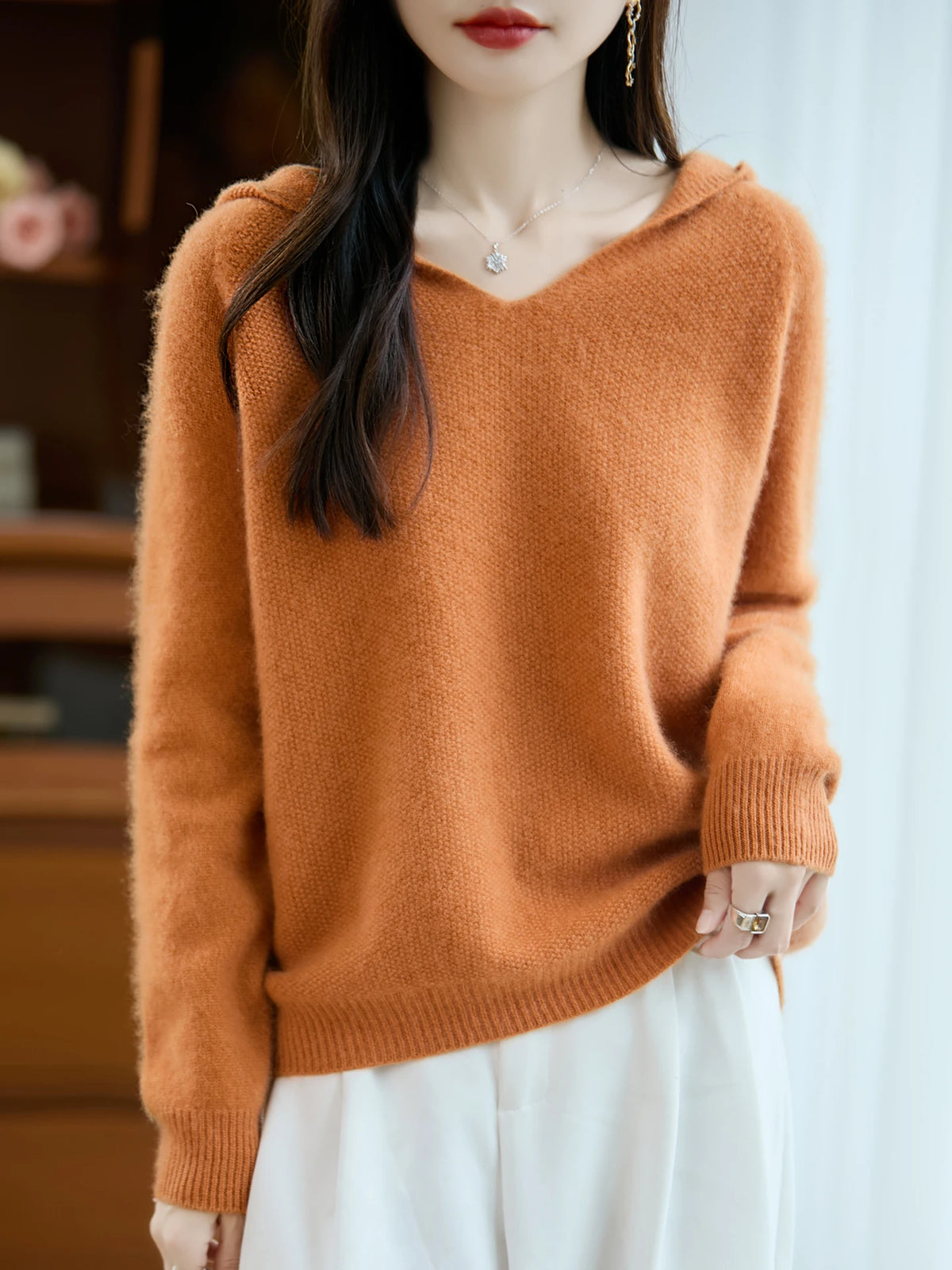 High-end 100% Pure Wool Pullover Sweater Women's New Hooded Soild Loose Basic Cashmere Knit Coat Autumn Winter Thick Warm Soft