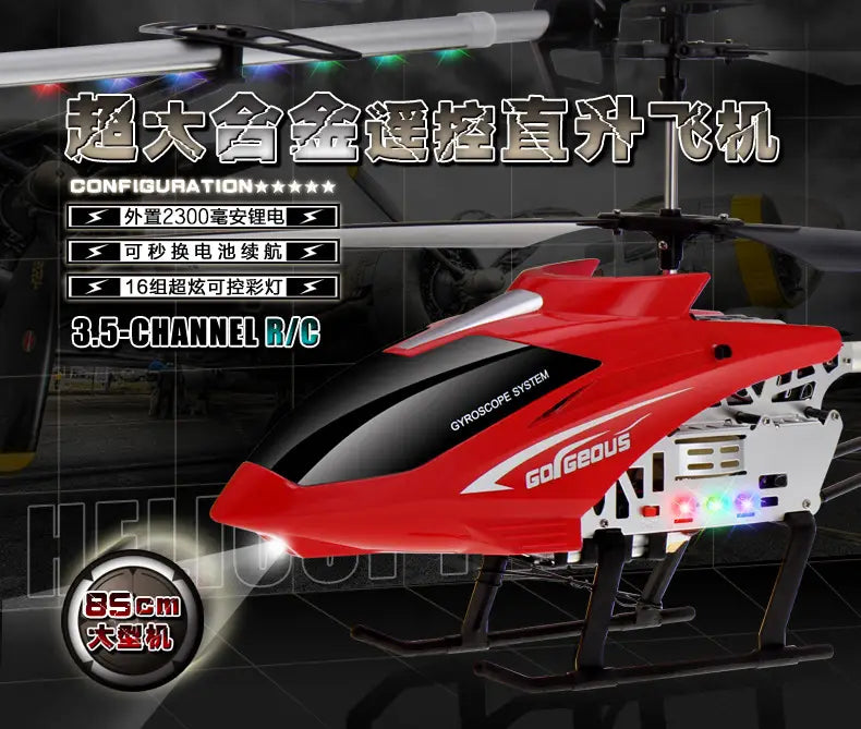 Red and black remote control helicopter with lithium battery and LED lights for enhanced night flying experience