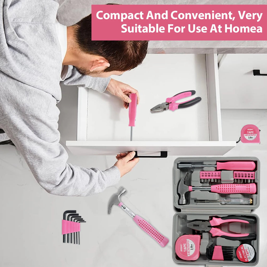 13/24Pcs Household Repair Tool Kit Multi-Purpose Pink Home Hand Tool Set with Storage Case Durable Hammer and Allen Key Set