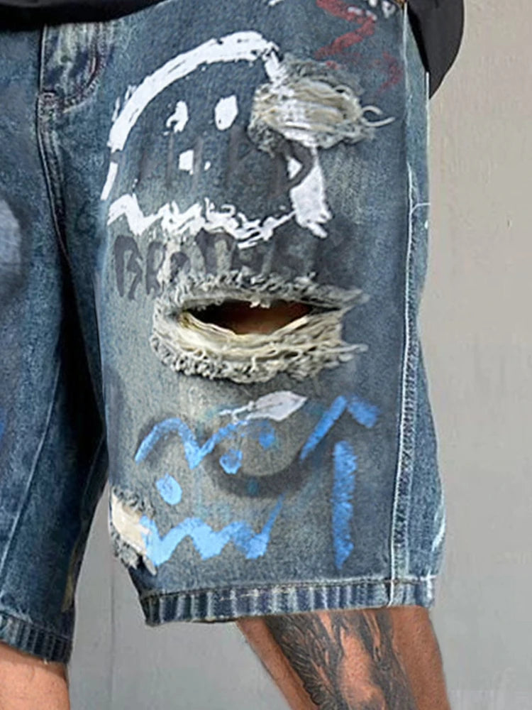2026New Men Vintage Washed Denim Shorts Smiley Graffiti Distressed Ripped Jeans Shorts Street Fashion Casual Knee Length Bottoms