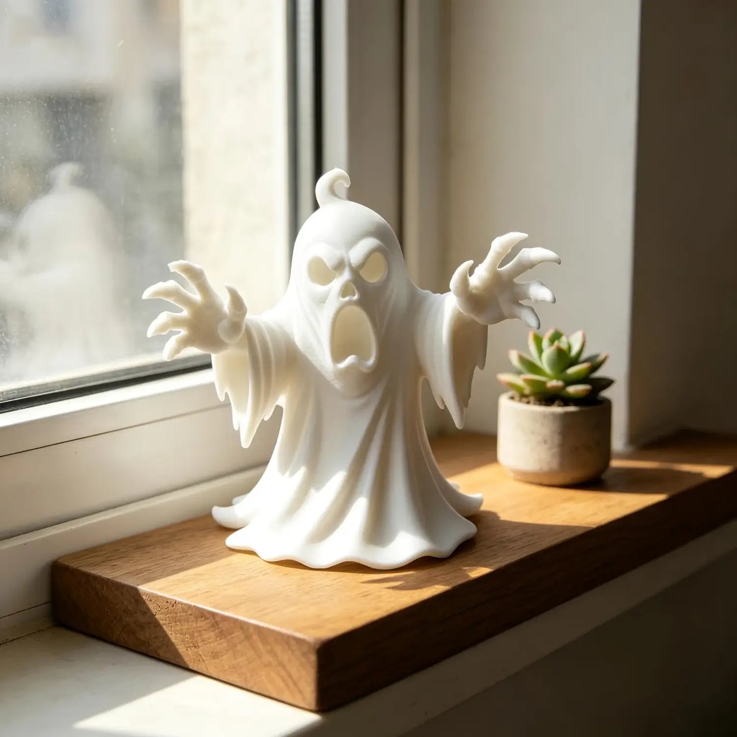 Eine weiße, geisterförmige Keramikfigur mit ausgestreckten Armen und einem überraschten Ausdruck, die als Halloween-Tischdeko gestaltet ist.