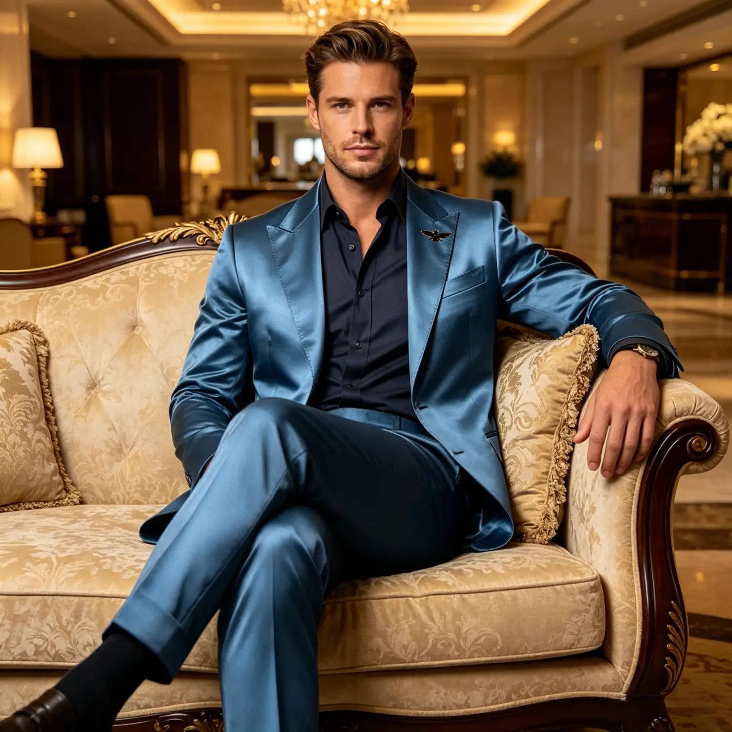 Ein Mann sitzt selbstbewusst auf einem kunstvoll verzierten cremefarbenen Sofa und trägt einen Herren-Satin-Tuxedoanzug Slim Fit blau, zweiteilig, aus elegantem Satinmaterial.