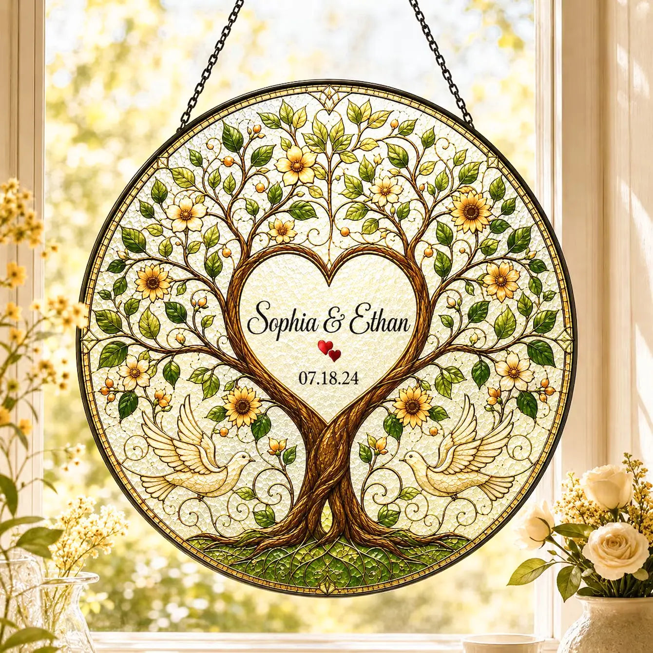 Regalo de boda personalizado de vitrales del árbol de la vida que presenta un diseño circular con un árbol con forma de corazón con ramas marrones, hojas verdes y flores amarillas, adornado con dos palomas blancas.