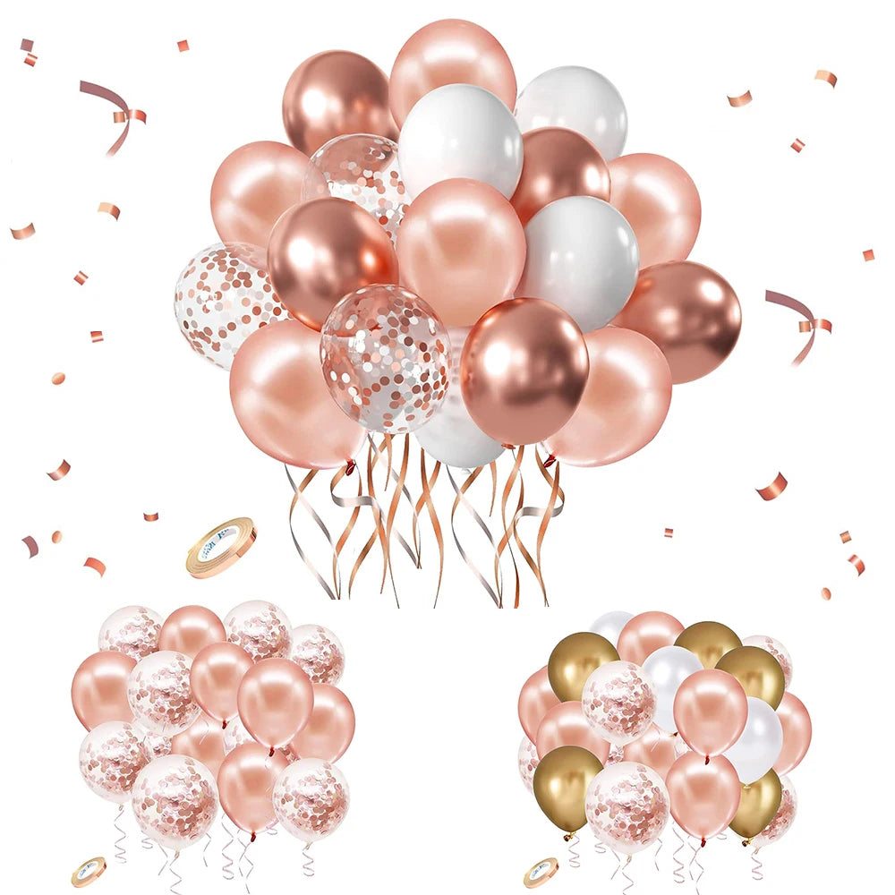 19/26pcs 12inch Rose Gold Confetti Latex Balloons White Metal Rose Gold Balloon Ribbon Wedding Bridal Shower Decoration Birthday