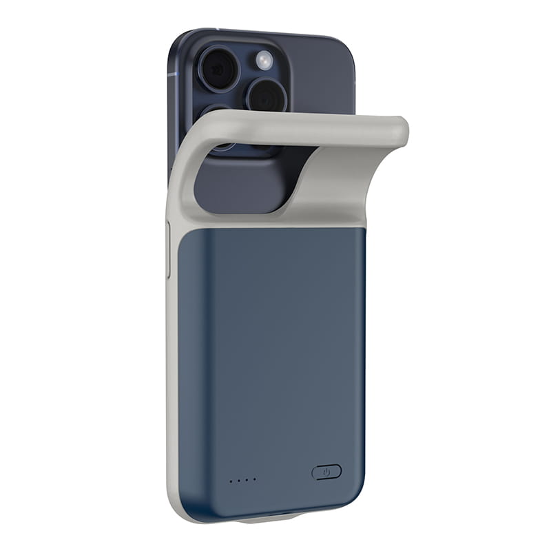 iPhoneシリーズ用の青色とグレーのデュアルトーンのバッテリーチャージャーケースで、内蔵バッテリーパックと、デバイス背面を確実に包み込む洗練されたデザインを備えています。