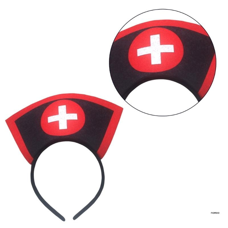 Bandeau de costume d’infirmière pour Halloween, serre-tête de cheveux, en noir et rouge, avec un emblème de croix blanche et un design à thème d’infirmière.
