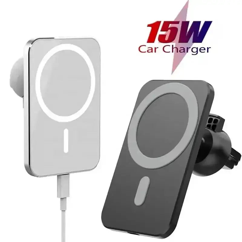iPhone用のシルバー＆ブラックのワイヤレス充電器磁気カーマウント。15Wのワイヤレス充電に対応し、磁気式の円形充電パッドを備えています。