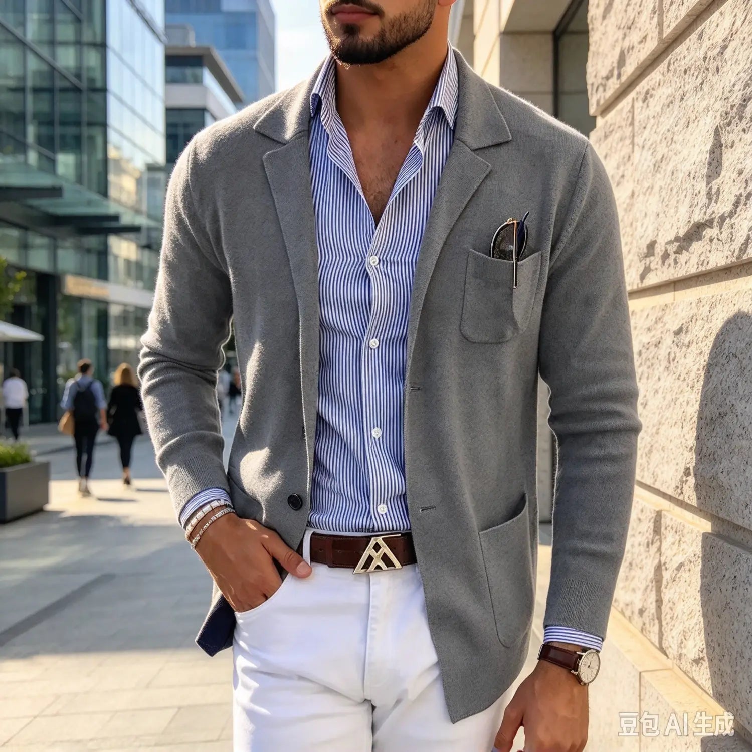 chaqueta tipo blazer de punto tejido gris con textura, de ajuste entallado, con cierre de botones de una sola fila y diseño de chaqueta de traje a medida para hombre
