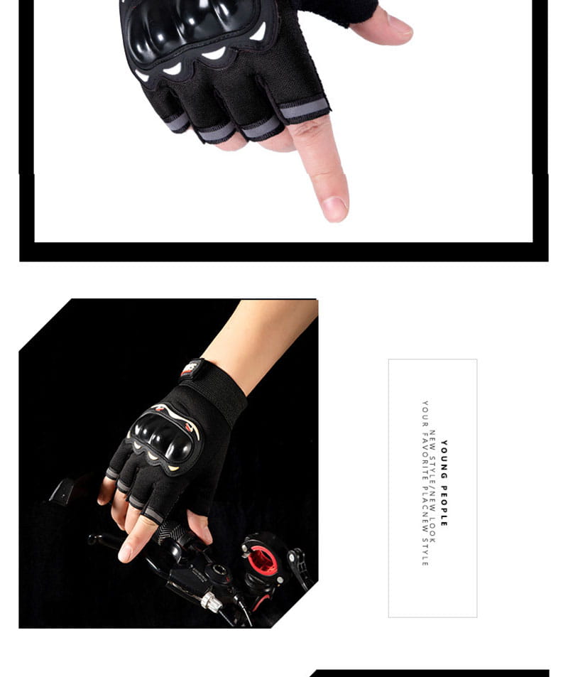 Herren- Motorrad-Taktik-Handschuhe mit halben Fingern, die die Rückseite zeigen, mit schwarzem fingerlosem Design, verstärkter Polsterung und grauen Akzentbündchen.