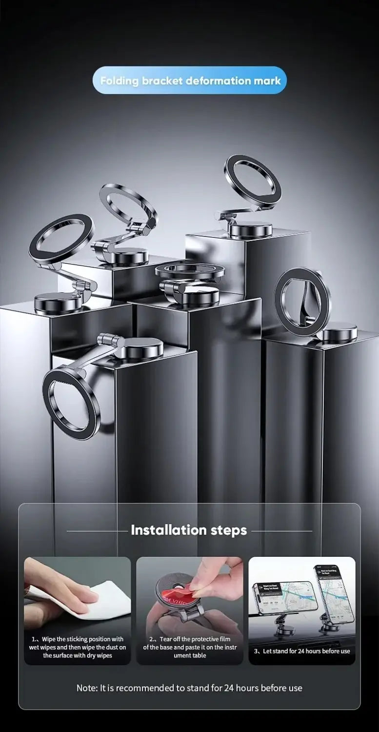 Silver metallic aluminum alloy phone holder with circular ring and folding bracket design for use as a magnetic car phone stand.