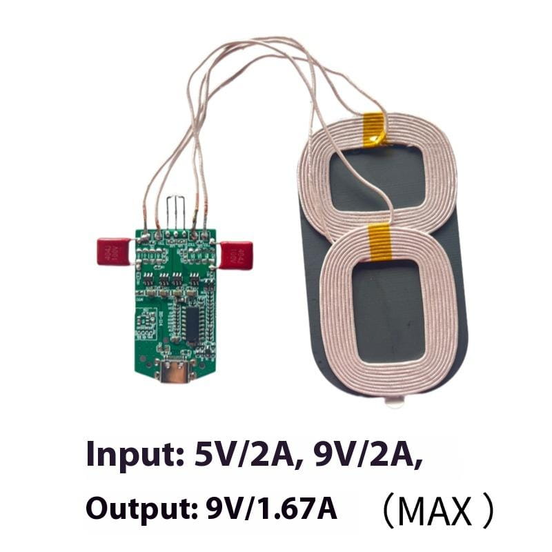 15w dual coil wireless charger pcba module featuring a green pcb with red capacitors and a copper usb-c connector designed for 5v 2a or 9v 2a input with up to 9v 1.67a output.